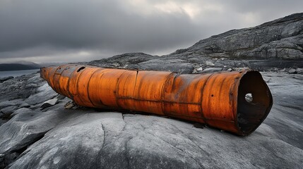 Rusty Industrial Cylinder on Rocky Shore Under Cloudy Sky