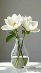 Delicate white magnolia blossoms in a clear glass vase, water reflections , fragile, subtle, bloom