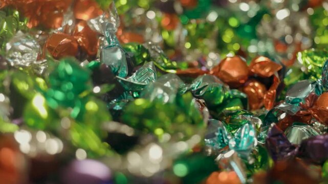 Macro view of multi-colored wrapped candies in metallic foil, featuring green, orange, red, silver, and purple. The treats are densely arranged, reflecting light and creating a festive, vibran