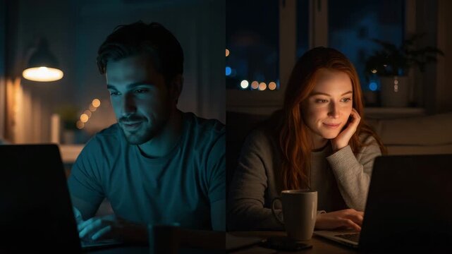Two individuals share a joyful moment during a virtual date night from their respective homes