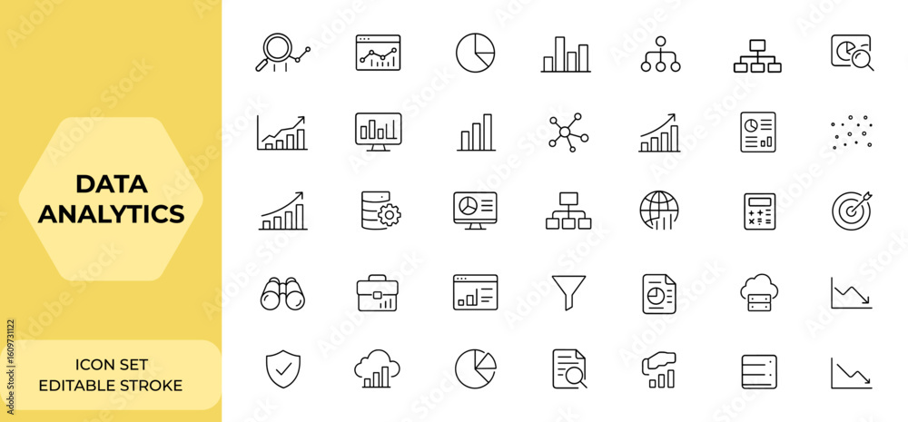Poster editable stroke data analytics icon collection, thin line vector illustration with data analysis ico