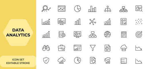 Editable stroke data analytics icon collection, thin line vector illustration with data analysis icons set, business intelligence, visualization, dashboard, statistics, report, trend, chart and more.