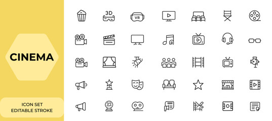 Naklejka na ściany i meble Linear cinema icon collection set. Editable stroke movie and film web icons in line style. Includes popcorn, 3D, VR, video, movie theater, ticket, director, soundtrack, and more, digital media