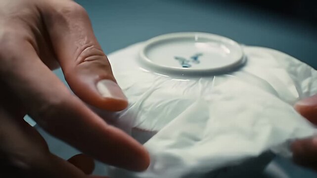 White ceramic bowl with floral accents being cleaned with a white cloth, teal backdrop