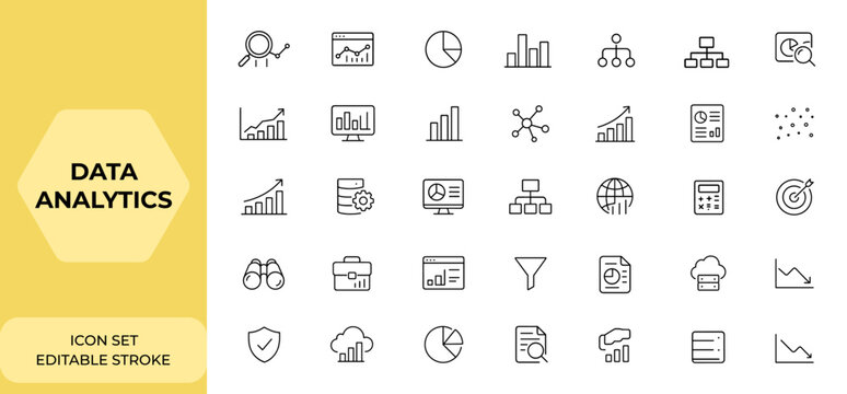 Editable stroke data analytics icon collection, thin line vector illustration with data analysis icons set, business intelligence, visualization, dashboard, statistics, report, trend, chart and more.