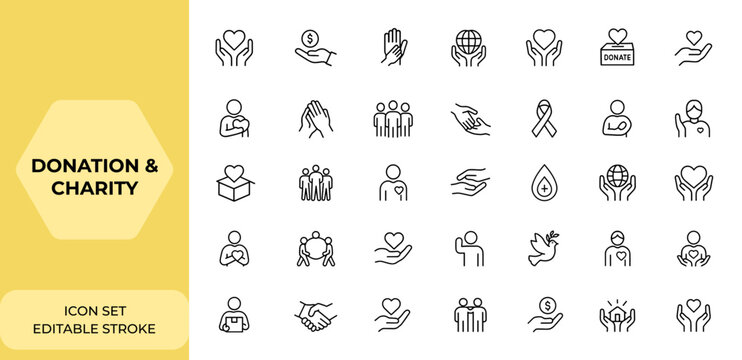 Donation and charity web icon set in line style. Volunteering, care, solidarity, alms, help, volunteer, donation, charity, and caring icons for web and mobile app. Editable stroke and more. - Powered by Adobe