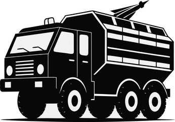 Black military truck with missile launcher black and white vehicle