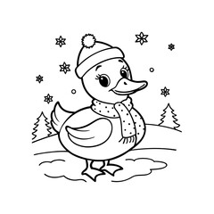 A cute cartoon duck wearing a winter hat and polka-dotted scarf stands in a snowy landscape with falling snowflakes and evergreen trees.