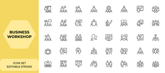 Business workshop icons set in line style for web and mobile app, featuring team building, motivation, coaching, managing, teamwork, meeting, training, collaboration, leadership, development and more.