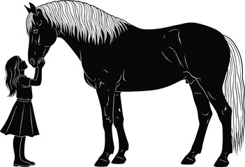 Loving Silhouette of a Girl Gently Petting a Majestic Horse, Representing Animal Friendship, Empathy, and Childhood Connection with Nature, Flat Vector Illustration