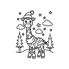 Fototapeta premium A cute cartoon giraffe wearing a Santa hat and scarf stands in a snowy winter landscape with fir trees and stars.