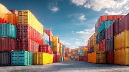 Fototapeta premium Colorful shipping containers stacked in a busy cargo yard under a clear blue sky during daylight hours