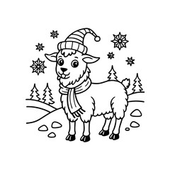 A cute cartoon lamb wearing a striped winter hat and scarf stands in a snowy landscape with falling snowflakes and pine trees.