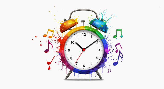Creative alarm clock in vibrant rainbow colors exploding with watercolor paint splashes and musical notes. Artistic time concept.