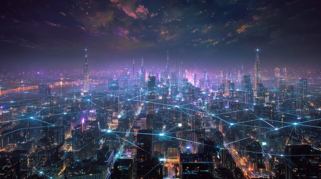 Digital cityscape with glowing network connections and skyscrapers, showcasing futuristic urban environment. vibrant colors and intricate details evoke sense of innovation and technology - Powered by Adobe