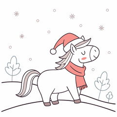 Cute cartoon white horse wearing a festive Santa hat and scarf in a snowy winter landscape.