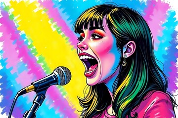 illustration caricaturale très colorée d'une femme qui chante sur scène
