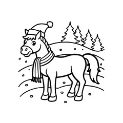 A charming cartoon horse wearing a cozy winter hat and striped scarf stands in a snowy landscape with pine trees.