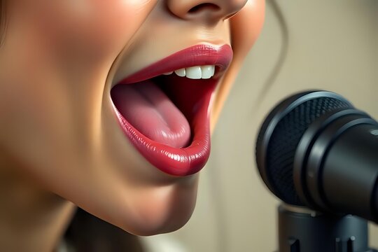 image en tr&egrave;s gros plan d'une bouche maquill&eacute;e de femme qui parle devant un micro