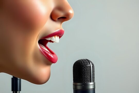 image en tr&egrave;s gros plan d'une bouche maquill&eacute;e de femme qui parle devant un micro