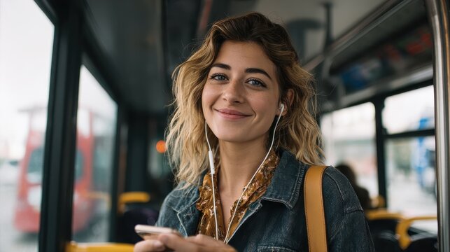 Smiling young woman wearing earphones standing by herself on a bus listening to music on a smartphone , no logos, no brands