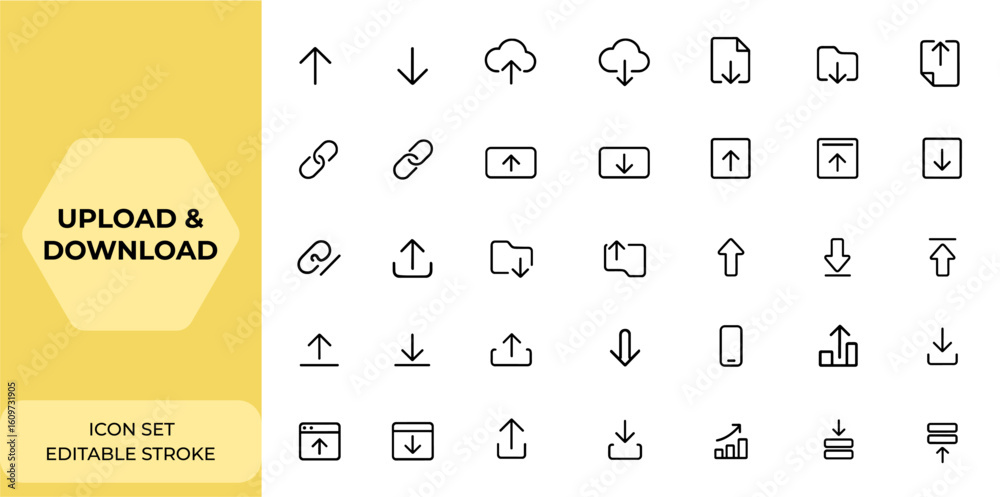 Poster upload and download web icons set in line style with editable stroke: linear icon collection includi