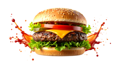 Juicy double cheeseburger with ketchup splash