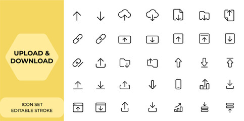 Upload and download Web icons set in line style with editable stroke: linear icon collection including arrow, cloud storage, folder, file, link, web button, digital interface, UI symbols and more.