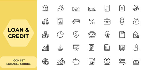 Loan and credit rating icon collection in line style. Editable stroke web icons set containing banking, income, leasing, money, interest, business, calculator, and more.