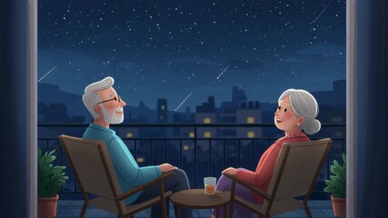 An elderly couple relaxes on their balcony, gazing at stars and enjoying a peaceful night - Powered by Adobe
