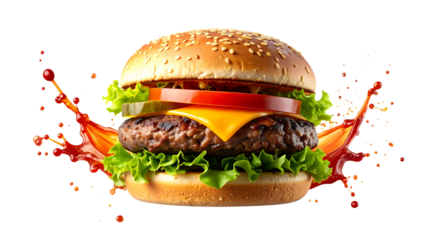 Juicy double cheeseburger with ketchup splash