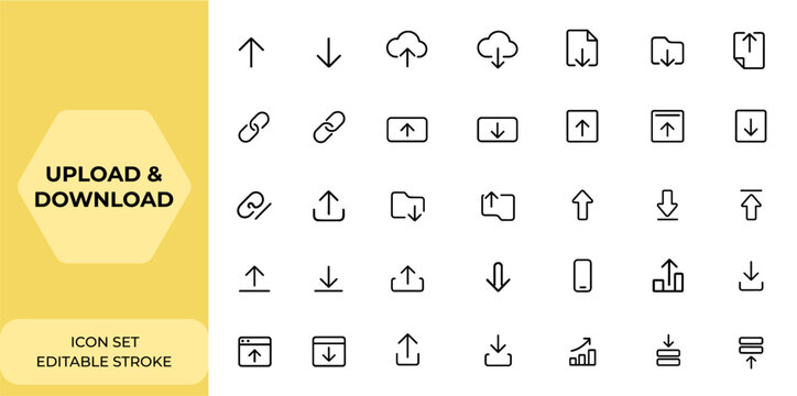 Upload and download Web icons set in line style with editable stroke: linear icon collection including arrow, cloud storage, folder, file, link, web button, digital interface, UI symbols and more.