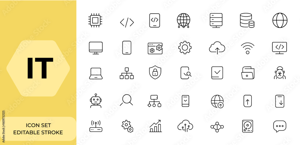 Poster web and mobile app it icons set in line style: information technology, programming, network, server,