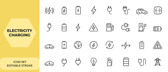 Electricity Charging Icon Set in Line Style — Editable Stroke Collection Featuring Wireless Charging, Battery, Energy, EV, Electric Car, Socket, Charging Station, and More.