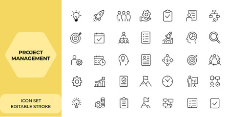 Linear style web icon set for project management. Startup, teamwork, planning, organisation, business, marketing, and management icons for mobile and web apps. Vector illustration and more.