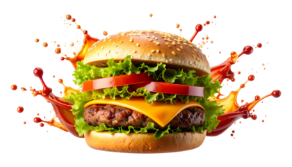 Juicy burger with red sauce splash on transparent background