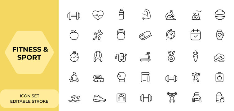 Fitness and Sport icon collection with editable stroke, thin line gym and health care icons for healthy lifestyle. Vector illustration, wellness, exercise, training, workout, active, sport
