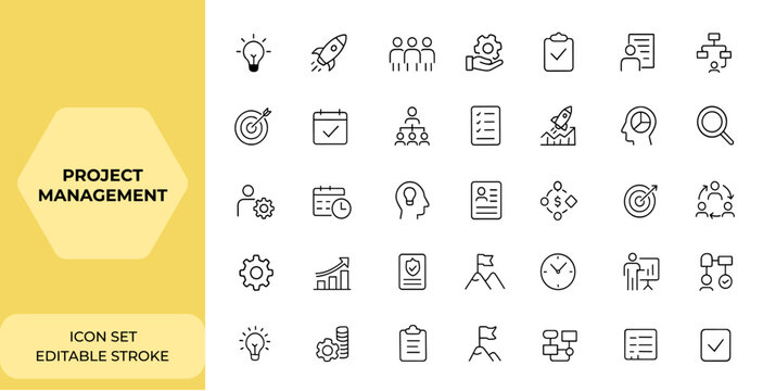 Linear style web icon set for project management. Startup, teamwork, planning, organisation, business, marketing, and management icons for mobile and web apps. Vector illustration and more.