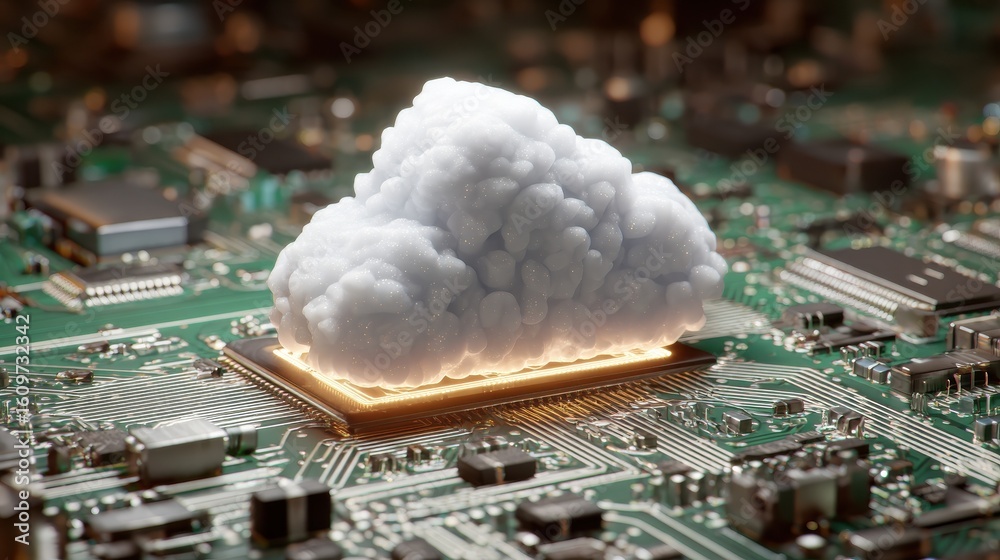 Aufkleber cloud computing concept: abstract close-up of a digital cloud icon hovering over a complex circuit b