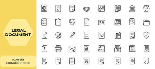 Line style legal document icons set. Editable stroke linear icon collection of passport, contract, agreement, ID card, certificate, license, law, justice, compliance, paperwork, verification and more.