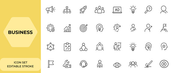 Line style business icons set for web and mobile app. Marketing, management, startup, team, business strategy, advertising, solutions, research, action list, business process icons.