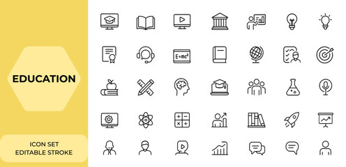 Line style education icon set for web and mobile apps. Online education, e-learning, video tutorial, school, university, webinar, knowledge, learning, study vector illustration and more.