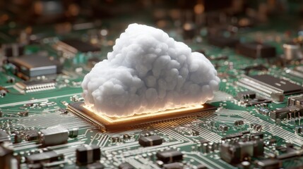 Cloud Computing Concept: Abstract close-up of a digital cloud icon hovering over a complex circuit board, symbolizing the power and connectivity of cloud computing technology.