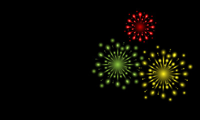 Fototapeta premium Bright fireworks on a black background. Fireworks for New Year's holidays, weddings, festivals, birthdays, national holidays and advertising campaigns. Vector illustration