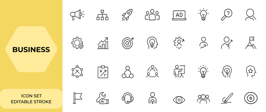 Line style business icons set for web and mobile app. Marketing, management, startup, team, business strategy, advertising, solutions, research, action list, business process icons.