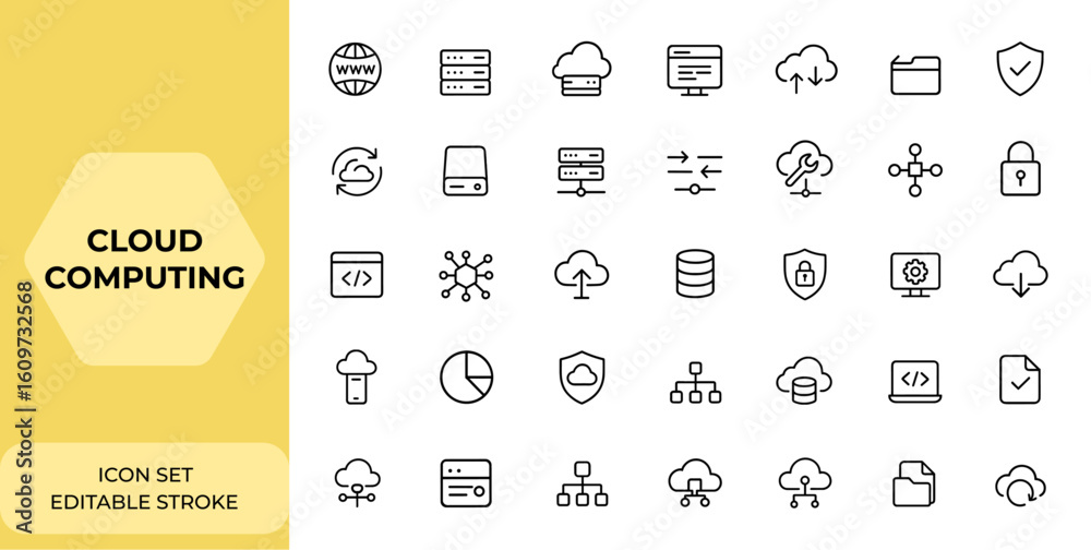 Poster Cloud computing and web hosting icons set in thin line style for mobile and web apps. Includes domain, server, webspace, traffic, data exchange, website, hosting service, network and more.
