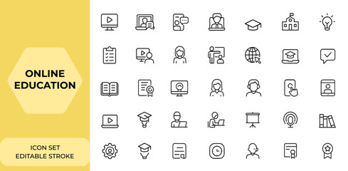 Online education icons set in line style for web and mobile apps. E-learning, distance learning, video tutorial, webinar, online lecture, university, school, vector illustration and more.