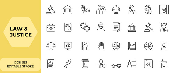 Linear law and justice icon set for web and mobile app. Legal lawyer, judgement, court, prison, criminal, justice, law, legal documents vector illustration, courtroom, attorney, rights and more.