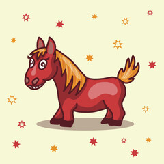 Red, small, cute horse with orange mane and tail among little stars, children's character, symbol of the year, postcard