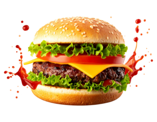 Juicy cheeseburger with tomato and lettuce splashing sauce